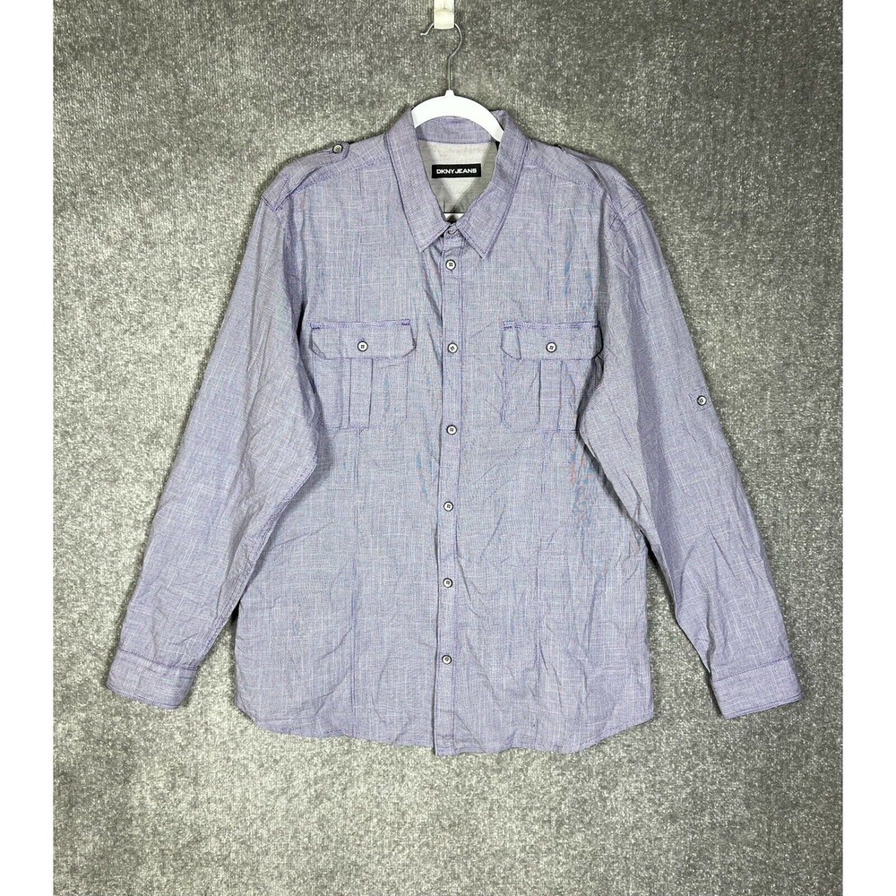 DKNY Purple Button Up‎ Shirt Mens Size Large Roll Tab Long Sleeve Chest Pockets